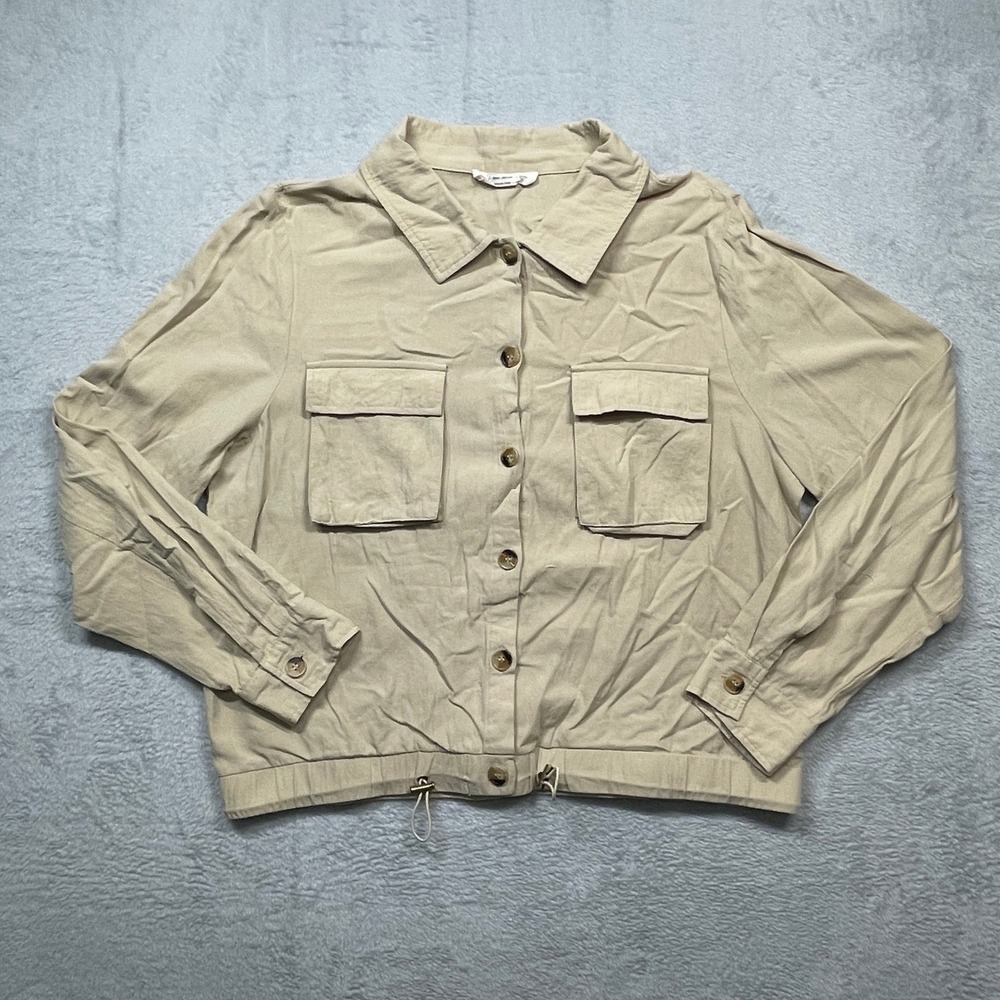 Doe and Rae Button Up Shirt Utility Women Large Tan Cotton Front Drawstring Hem